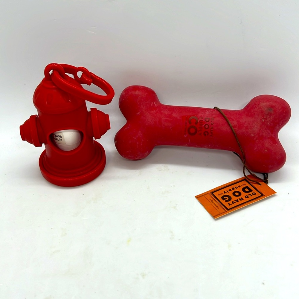 Old Navy Dog Supply Co Rubber Chew Bone & Fire Hydrant Shaped Poop Bag Holder